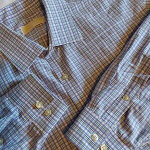 Michael Kors Men's 17.5  34/35 Purple Teal & White Plaid Long Sleeve Dress Shirt